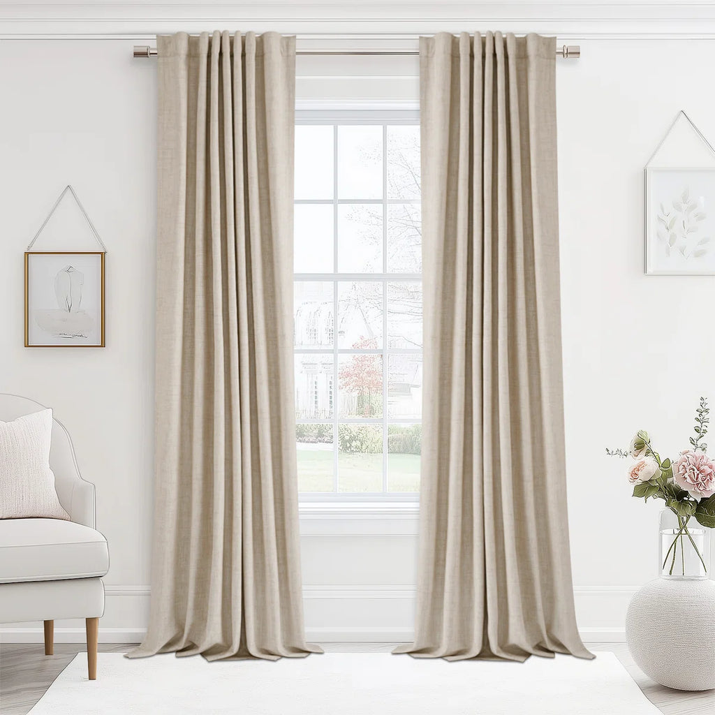 100% Blackout Linen Textured Curtains Solid Thermal Insulated Drapes for Bedroom Living Room (50" Wide, 2 Panels Set)