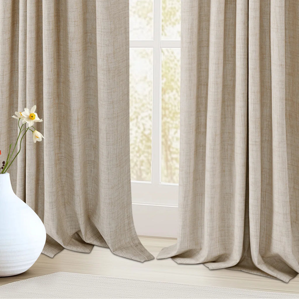 100% Blackout Linen Textured Curtains Solid Thermal Insulated Drapes for Bedroom Living Room (50" Wide, 2 Panels Set)