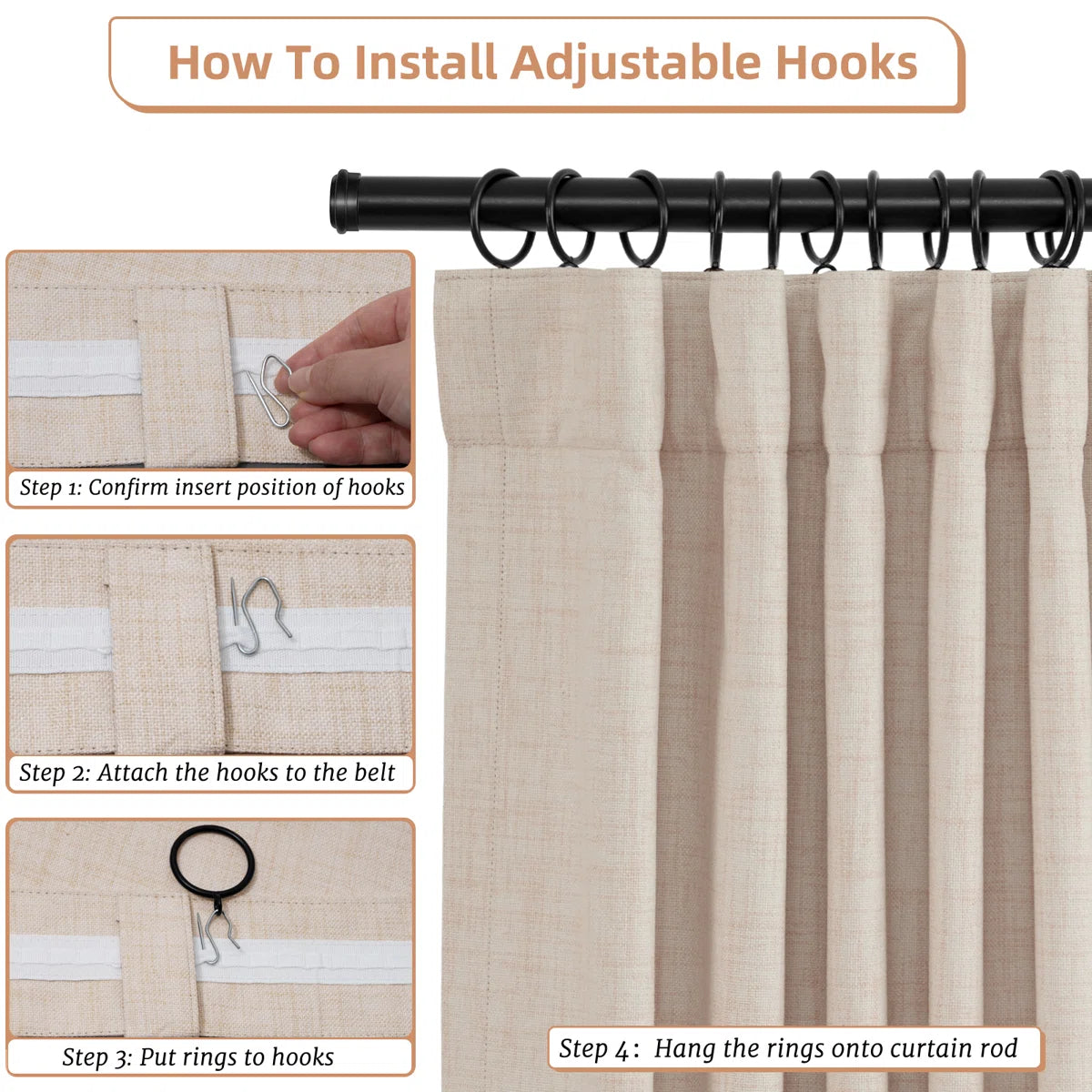 100% Blackout Linen Textured Curtains Solid Thermal Insulated Drapes for Bedroom Living Room (50" Wide, 2 Panels Set)